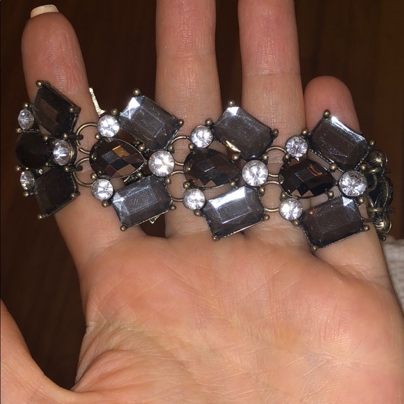 Vintage Gold Tone Clear, Smokey Grey Topaz Rhinestone Chunky Bracelet - Picture 9 of 13